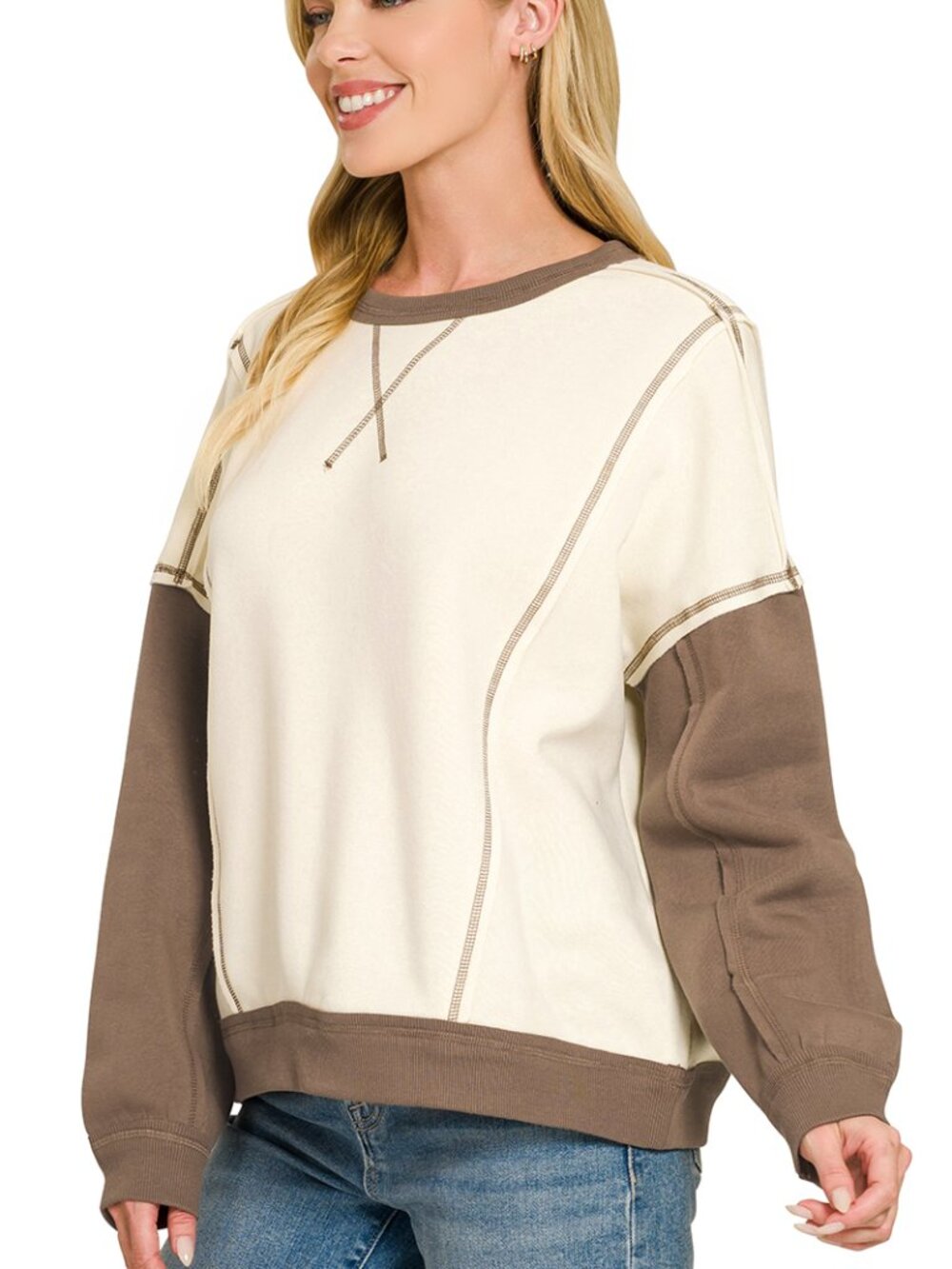 Fleece color block exposed seam pullover